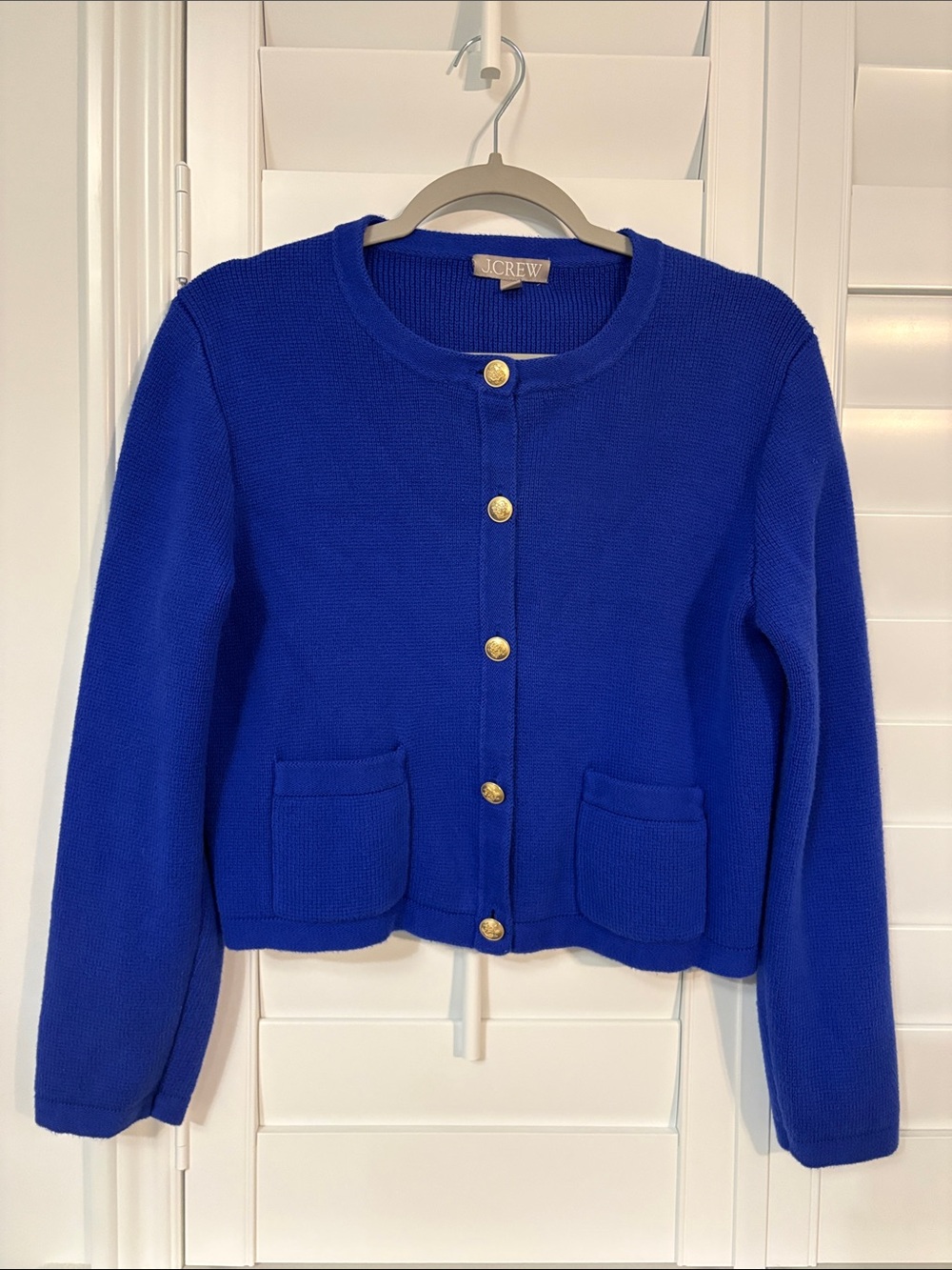 J. Crew Cobalt Blue Knit Button-Front Cardigan Jacket with gold buttons M